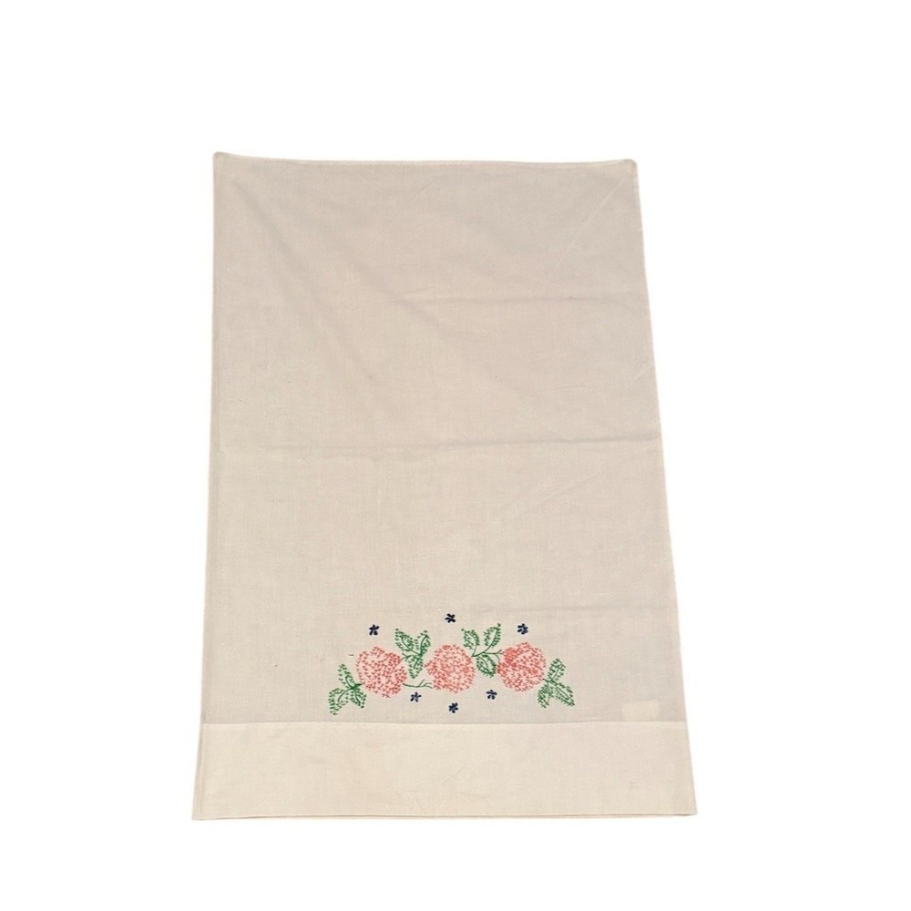 Vintage Pillowcase White Hand Embroidered Pink Floral Blue‎ Accents Hemmed